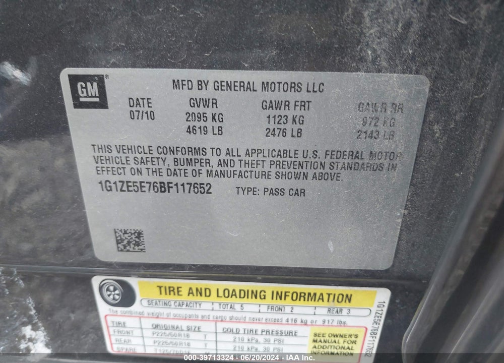 2011 CHEVROLET MALIBU LTZ VIN: 1G1ZE5E76BF117652