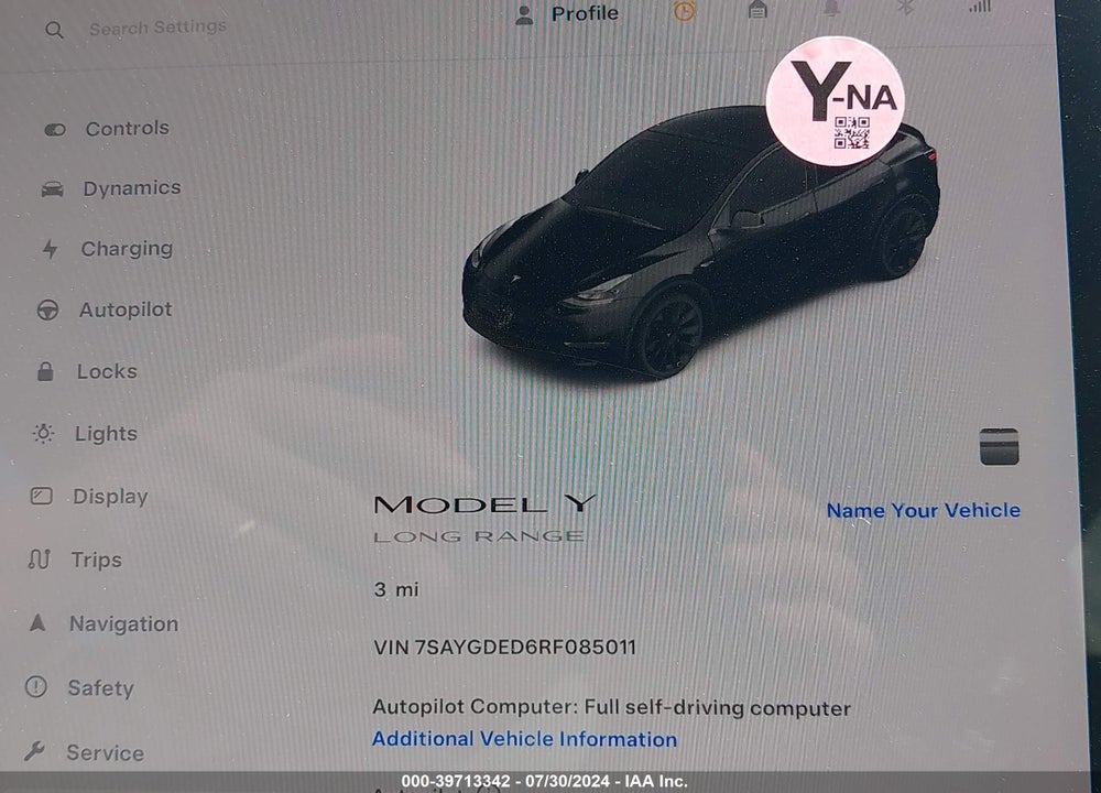2024 TESLA MODEL Y LONG RANGE/RWD VIN: 7SAYGDED6RF085011