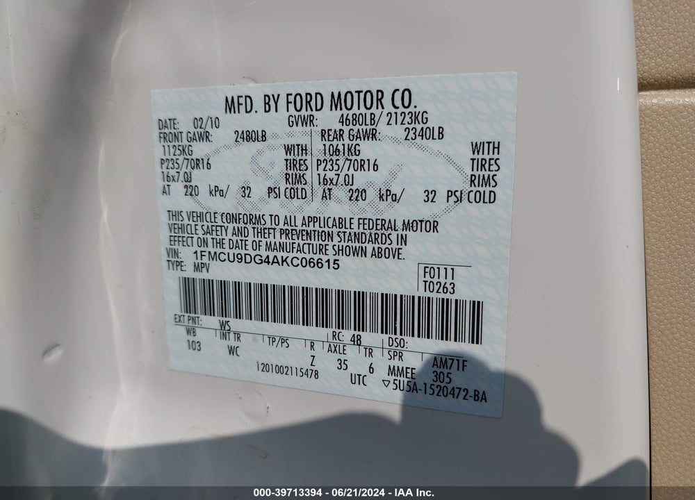 2010 FORD ESCAPE XLT VIN: 1FMCU9DG4AKC06615
