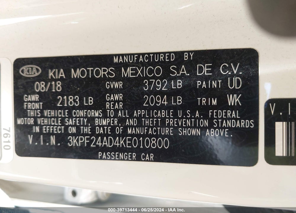 2019 KIA FORTE LXS VIN: 3KPF24AD4KE010800