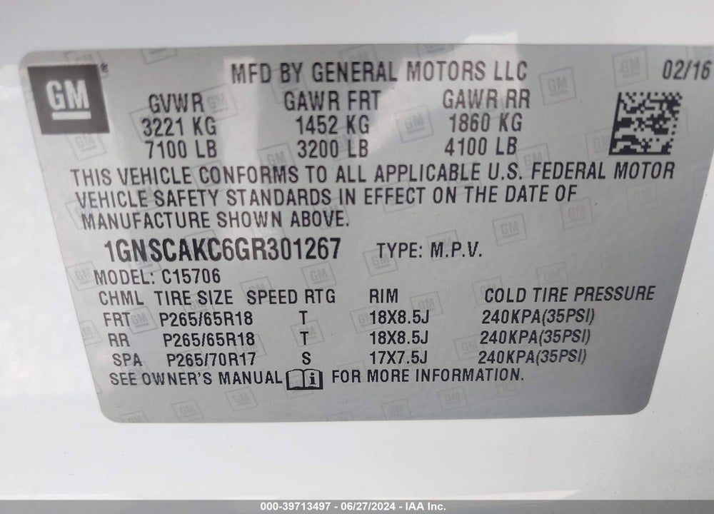 2016 CHEVROLET TAHOE LS VIN: 1GNSCAKC6GR301267