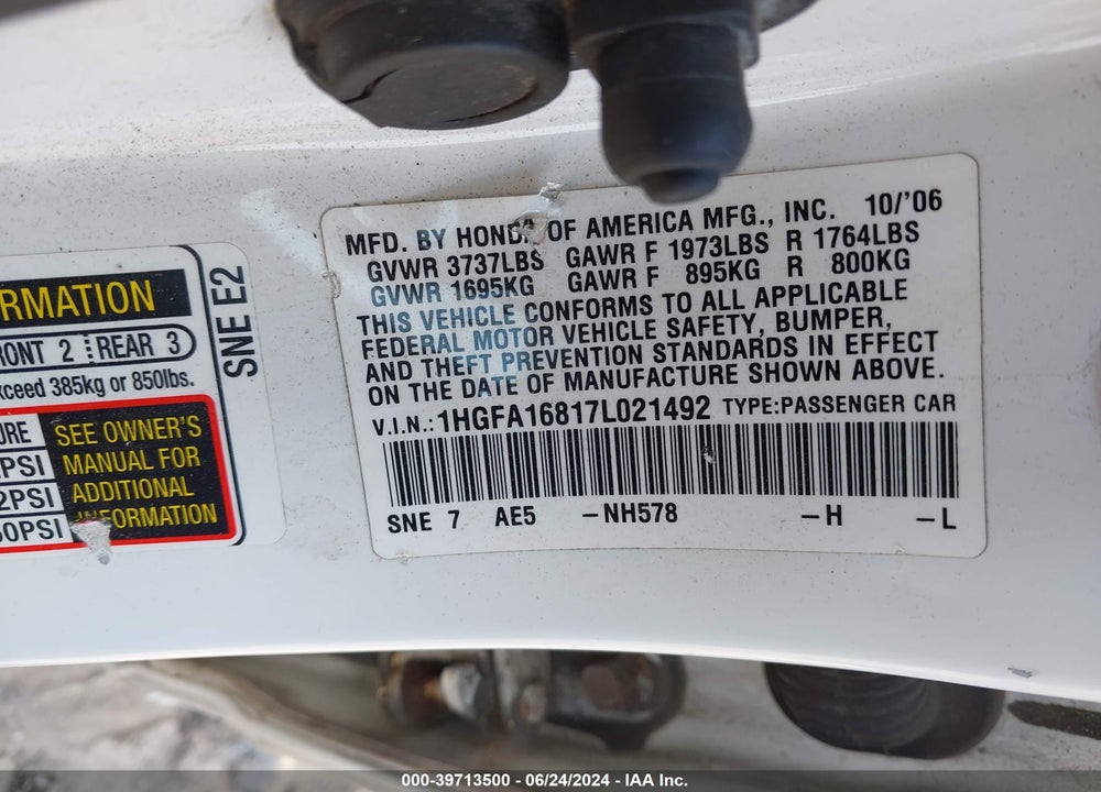 2007 HONDA CIVIC EX VIN: 1HGFA16817L021492