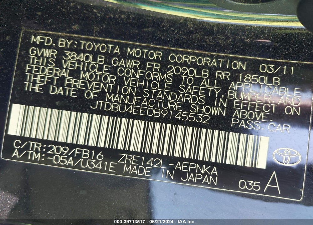 2011 TOYOTA COROLLA LE VIN: JTDBU4EE0B9145532