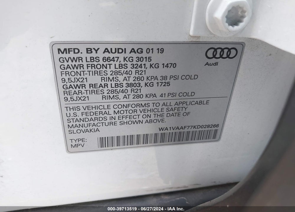 2019 AUDI Q7 55 PREMIUM VIN: WA1VAAF77KD028266