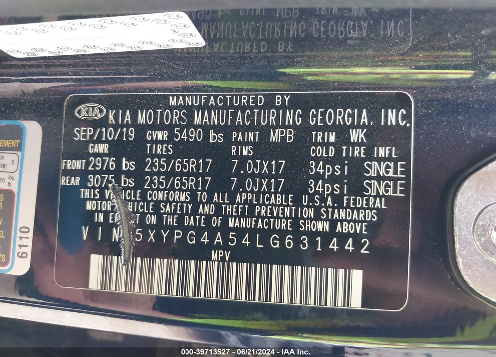 2020 KIA SORENTO 3.3L LX VIN: 5XYPG4A54LG631442