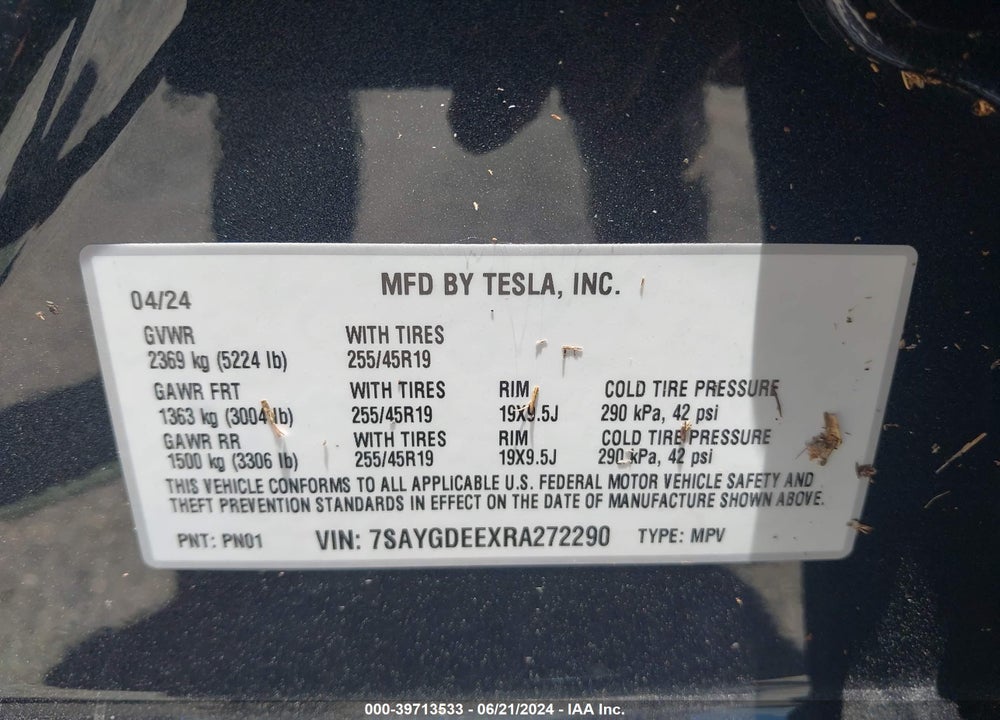2024 TESLA MODEL Y LONG RANGE DUAL MOTOR ALL-WHEEL DRIVE VIN: 7SAYGDEEXRA272290