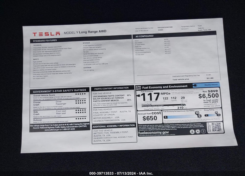 2024 TESLA MODEL Y LONG RANGE DUAL MOTOR ALL-WHEEL DRIVE VIN: 7SAYGDEEXRA272290
