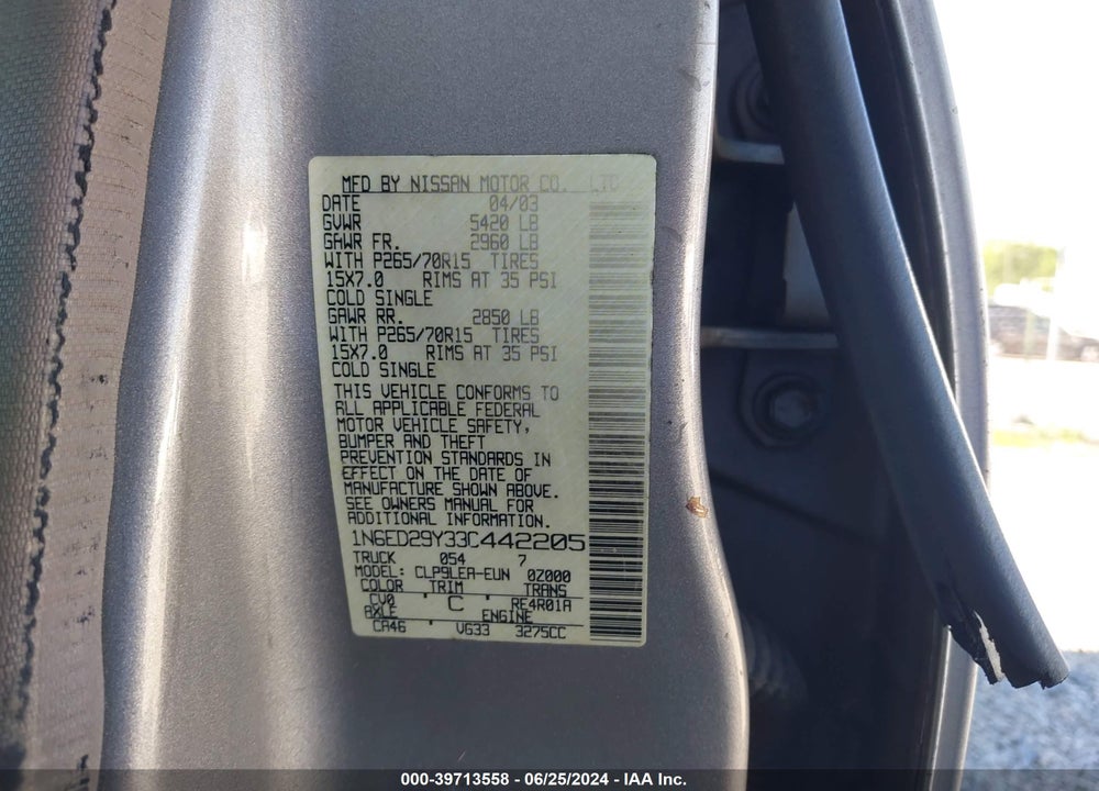 2003 NISSAN FRONTIER XE-V6 VIN: 1N6ED29Y33C442205