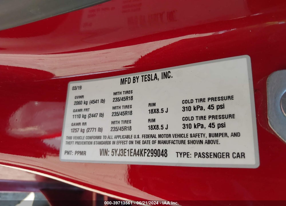 2019 TESLA MODEL 3 LONG RANGE/MID RANGE/STANDARD RANGE/STANDARD RANGE PLUS VIN: 5YJ3E1EA4KF299048