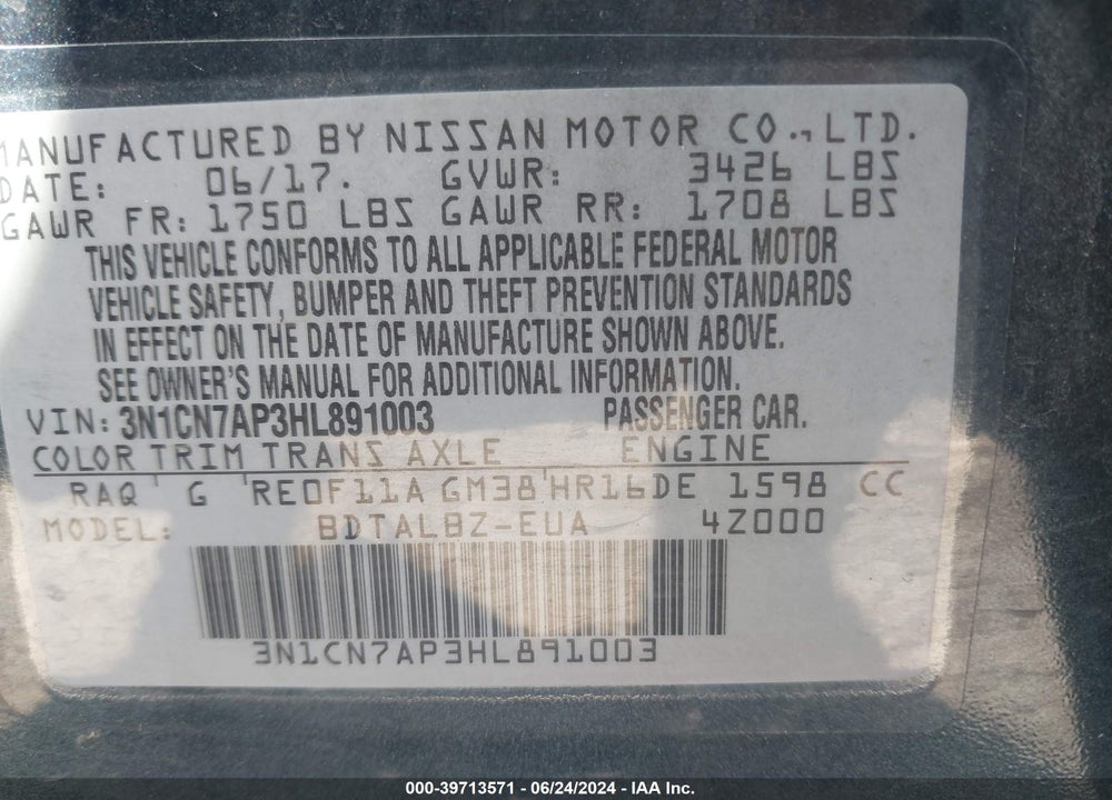 2017 NISSAN VERSA VIN: 3N1CN7AP3HL891003