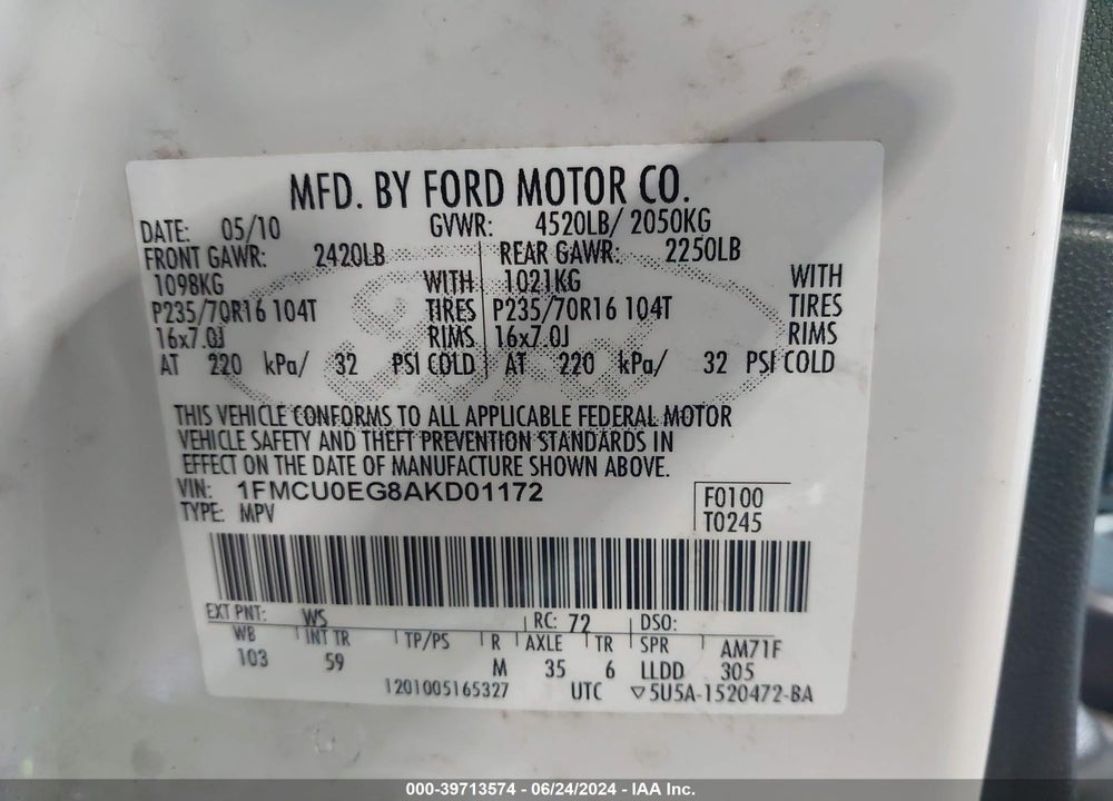 2010 FORD ESCAPE LIMITED VIN: 1FMCU0EG8AKD01172