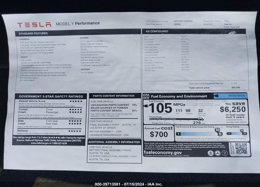 2024 TESLA MODEL Y PERFORMANCE DUAL MOTOR ALL-WHEEL DRIVE VIN: 7SAYGDEF1RA266290