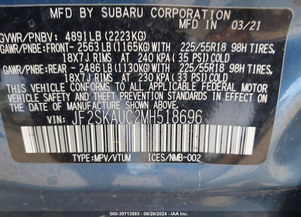 2021 SUBARU FORESTER LIMITED VIN: JF2SKAUC2MH518696