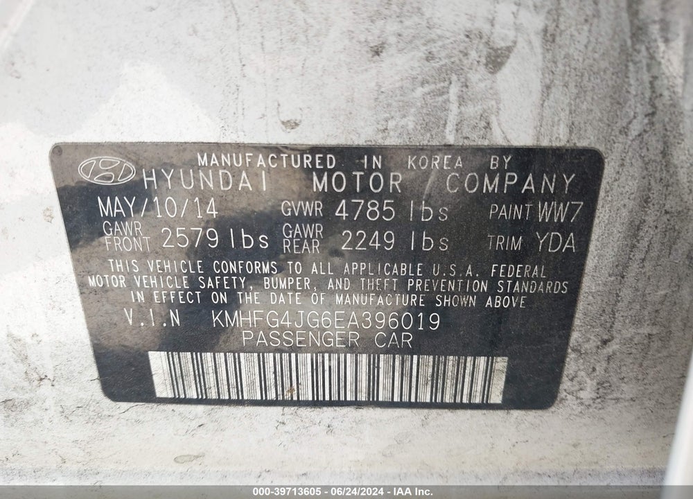 2014 HYUNDAI AZERA VIN: KMHFG4JG6EA396019
