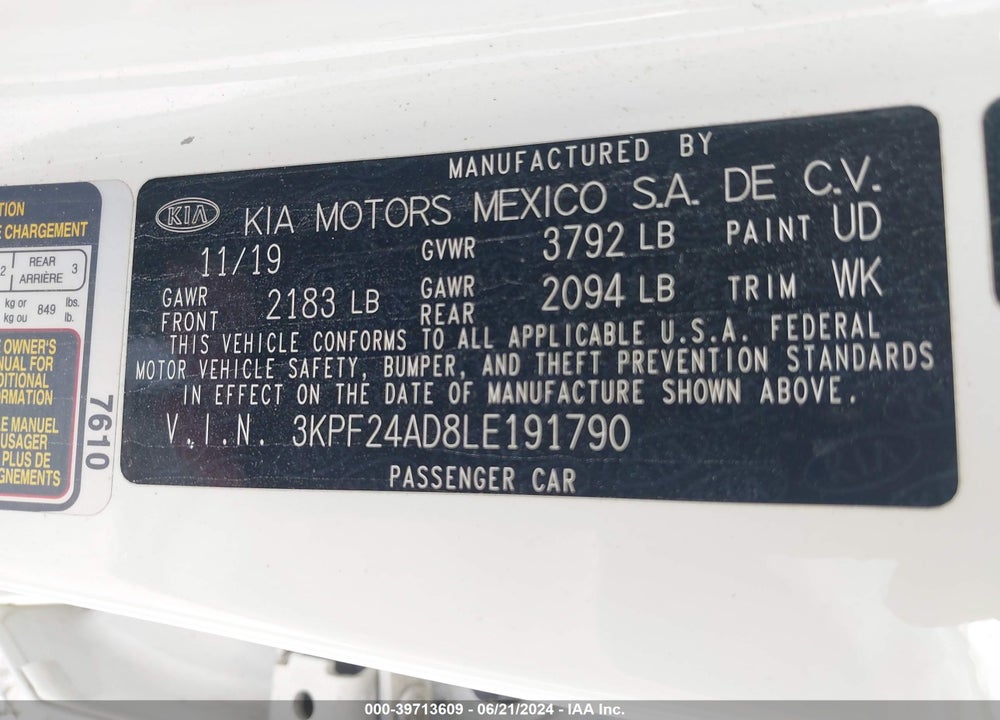 2020 KIA FORTE LXS VIN: 3KPF24AD8LE191790