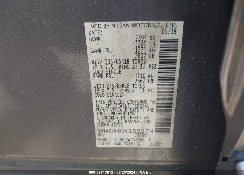 2018 NISSAN MURANO SL VIN: 5N1AZ2MHXJN159274