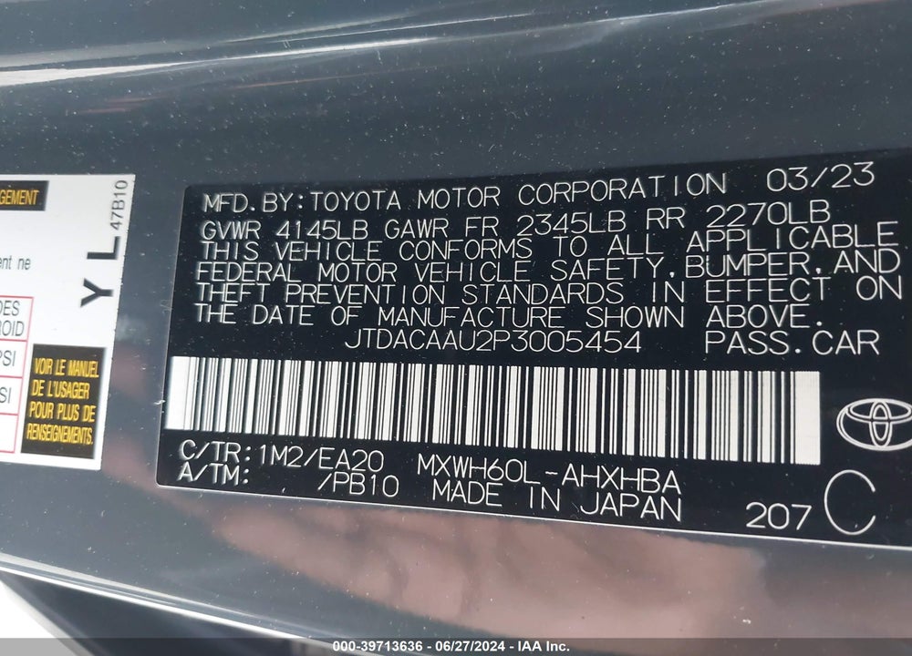 2023 TOYOTA PRIUS LIMITED VIN: JTDACAAU2P3005454
