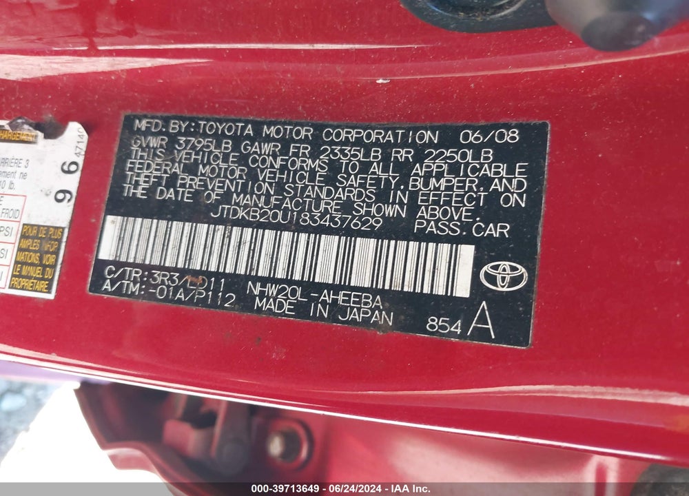 2008 TOYOTA PRIUS TOURING VIN: JTDKB20U183437629