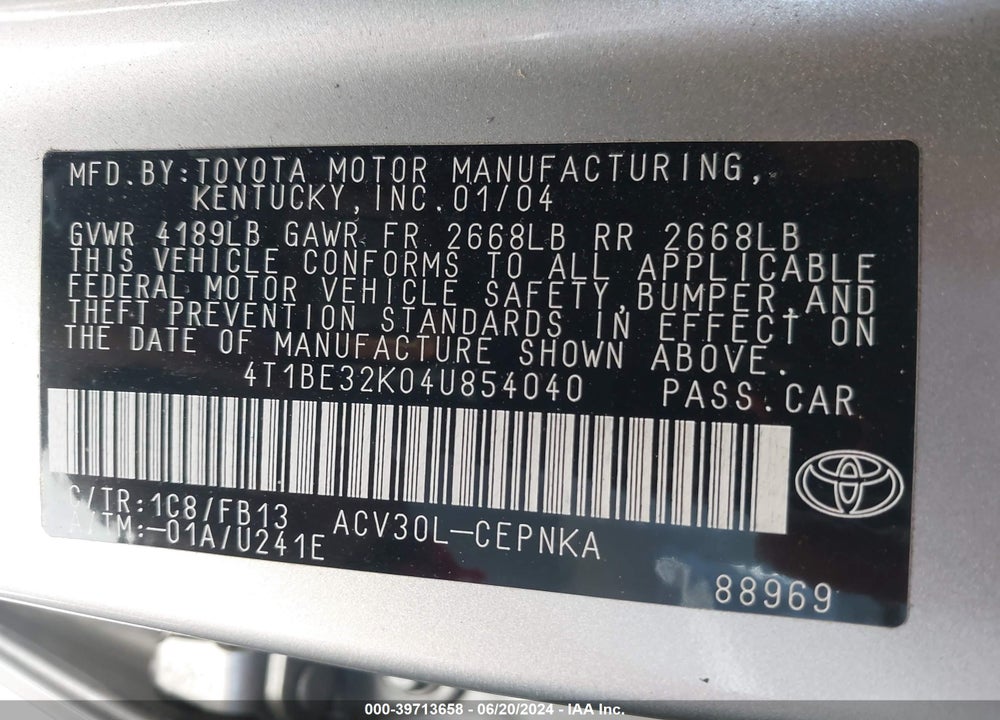 2004 TOYOTA CAMRY LE VIN: 4T1BE32K04U854040