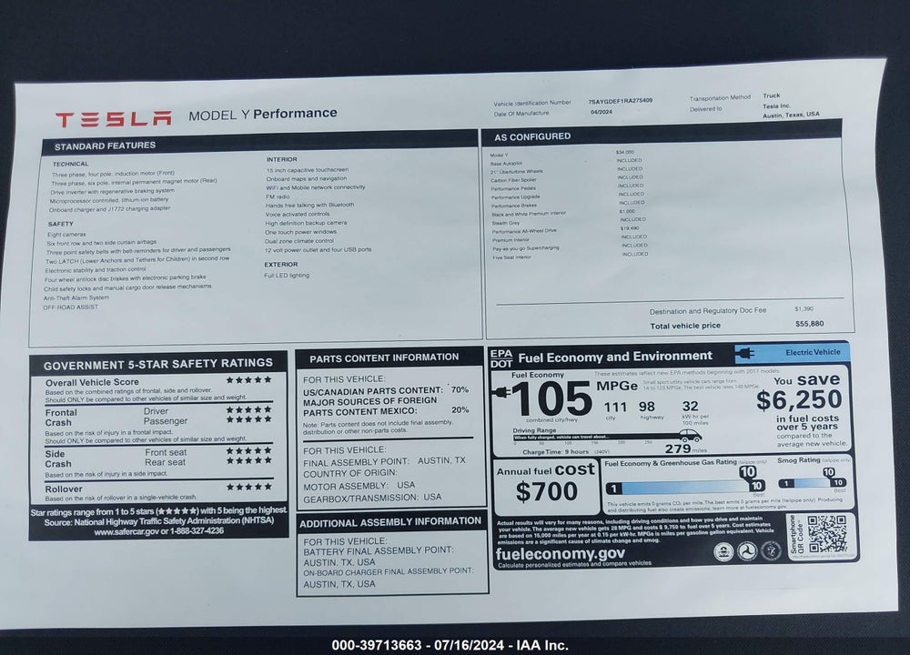 2024 TESLA MODEL Y PERFORMANCE DUAL MOTOR ALL-WHEEL DRIVE VIN: 7SAYGDEF1RA275409