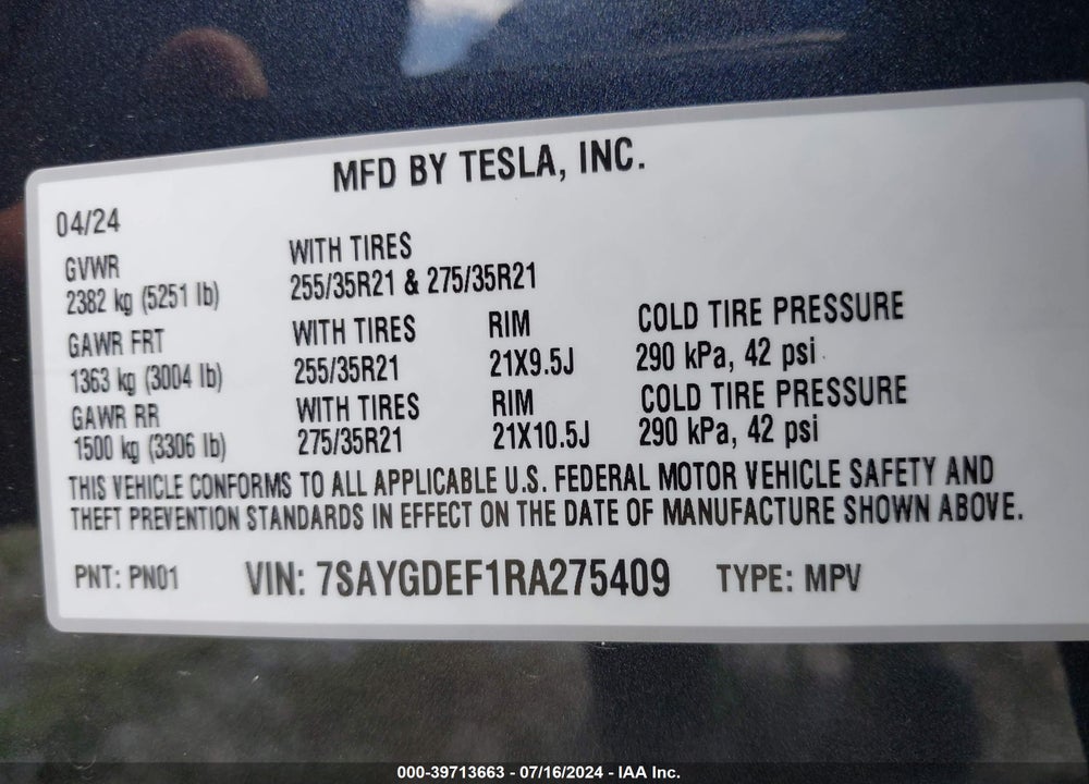 2024 TESLA MODEL Y PERFORMANCE DUAL MOTOR ALL-WHEEL DRIVE VIN: 7SAYGDEF1RA275409