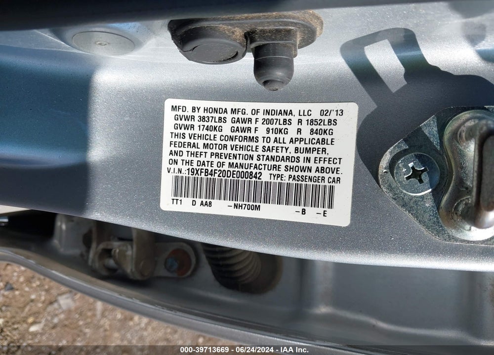 2013 HONDA CIVIC HYBRID VIN: 19XFB4F20DE000842