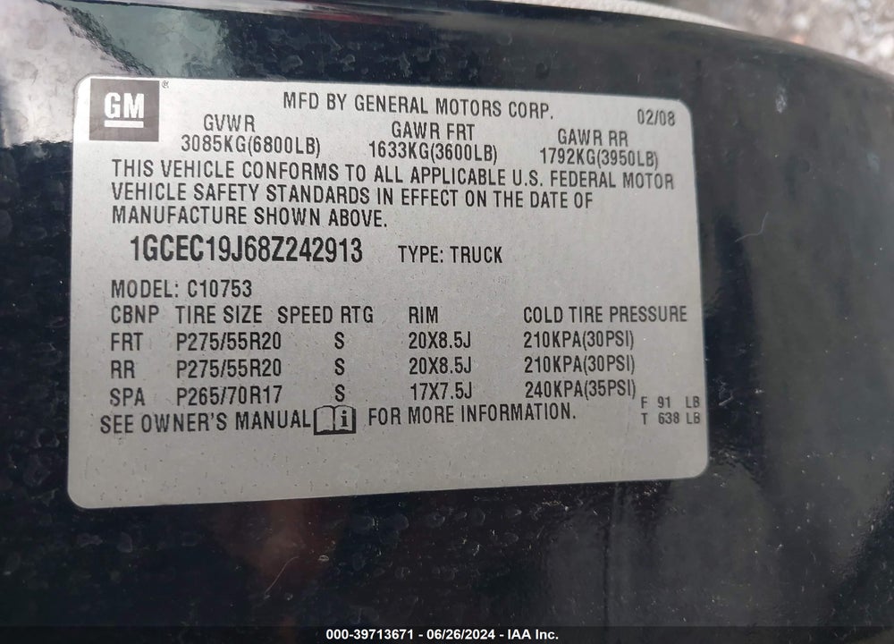 2008 CHEVROLET SILVERADO 1500 VIN: 1GCEC19J68Z242913