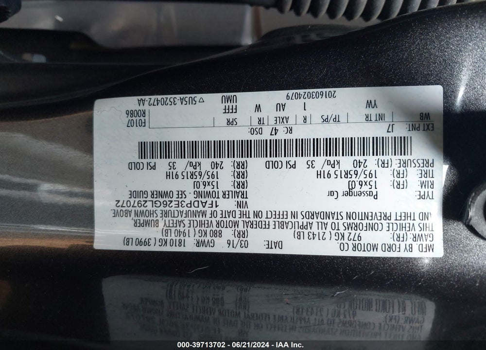 2016 FORD FOCUS S VIN: 1FADP3E26GL297072