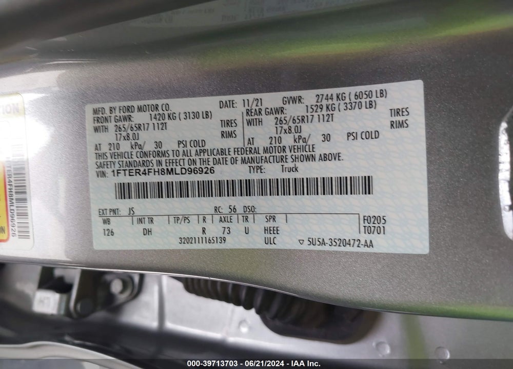 2021 FORD RANGER LARIAT VIN: 1FTER4FH8MLD96926