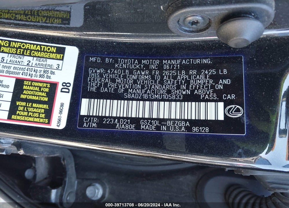 2021 LEXUS ES 350 VIN: 58ADZ1B13MU105833