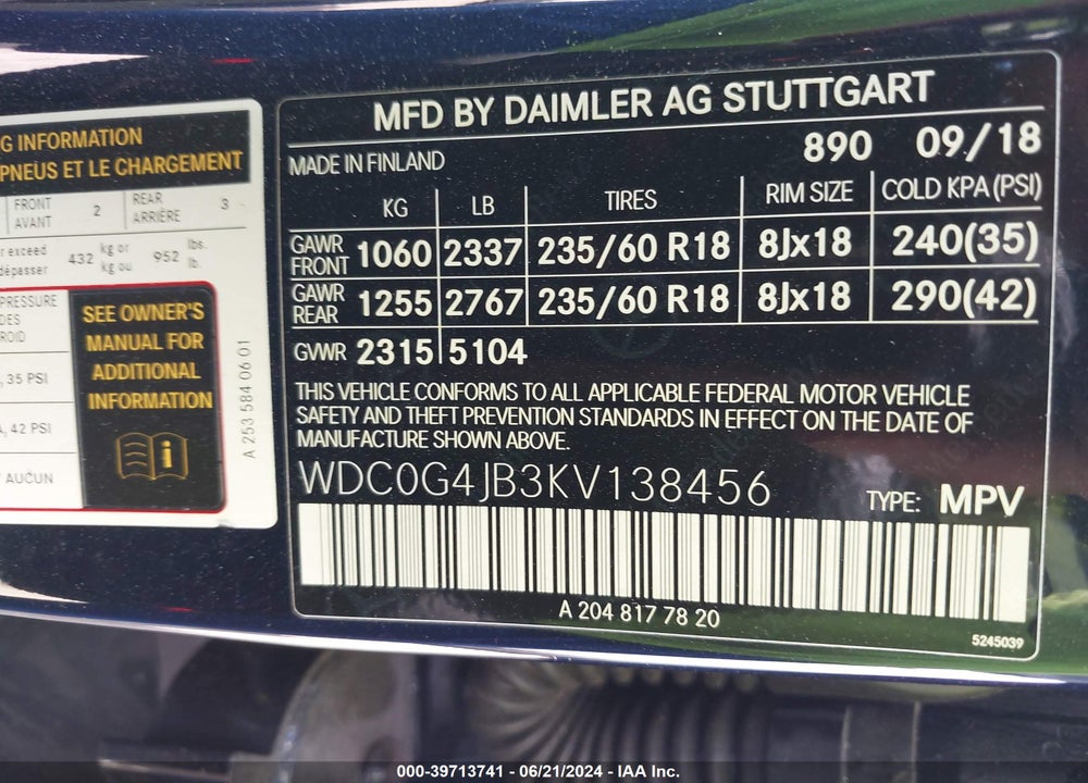 2019 MERCEDES-BENZ GLC 300 VIN: WDC0G4JB3KV138456