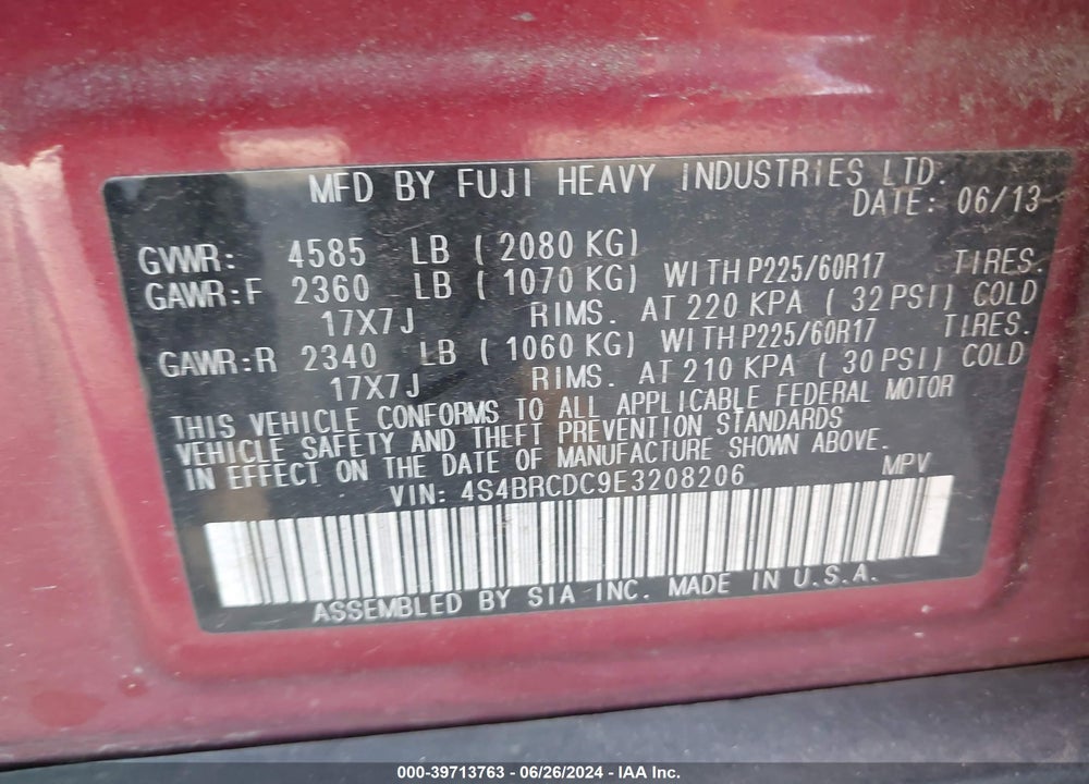 2014 SUBARU OUTBACK 2.5I PREMIUM VIN: 4S4BRCDC9E3208206