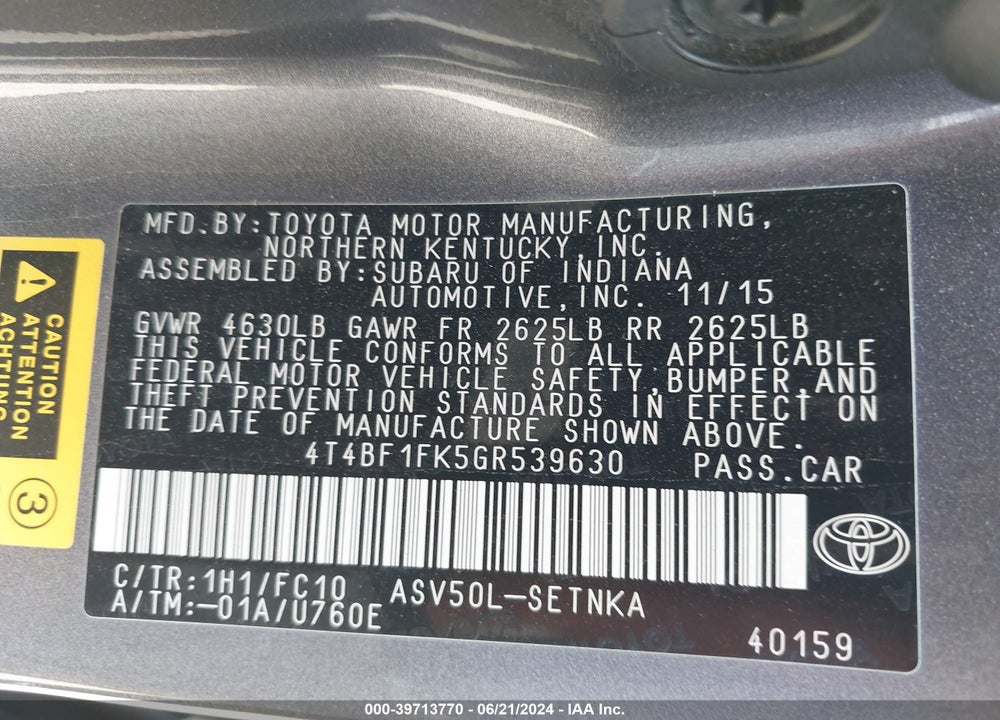 2016 TOYOTA CAMRY LE VIN: 4T4BF1FK5GR539630