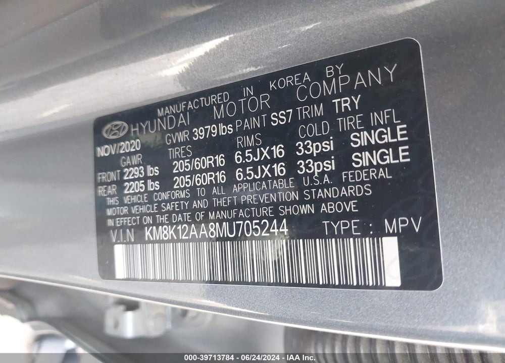 2021 HYUNDAI KONA SE VIN: KM8K12AA8MU705244