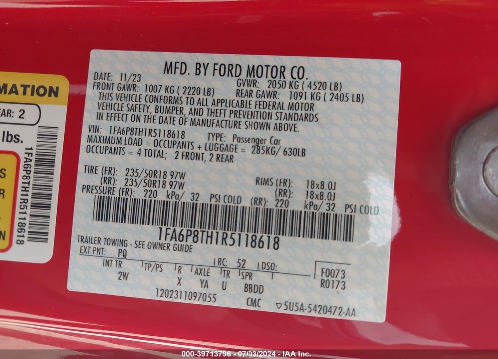 2024 FORD MUSTANG ECOBOOST FASTBACK VIN: 1FA6P8TH1R5118618