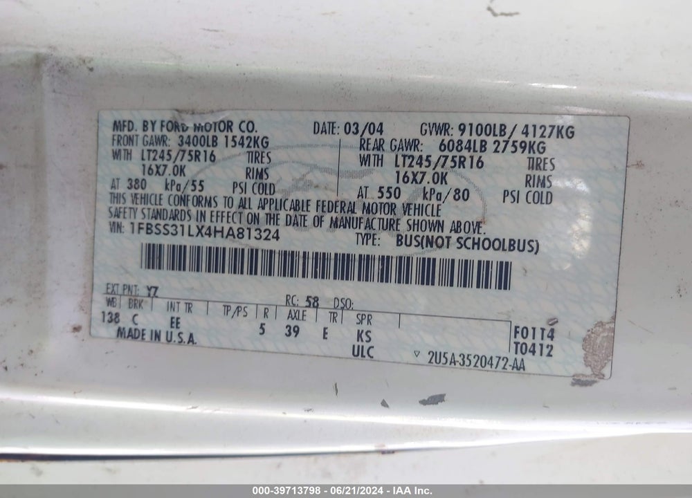 2004 FORD E-350 SUPER DUTY XL/XLT VIN: 1FBSS31LX4HA81324