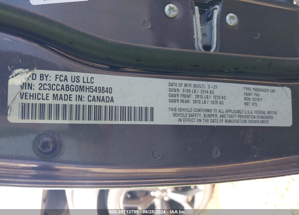 2021 CHRYSLER 300 300S VIN: 2C3CCABG0MH549840