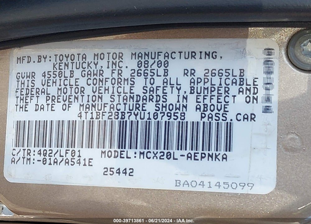 2000 TOYOTA AVALON VIN: 4T1BF28B7YU107958
