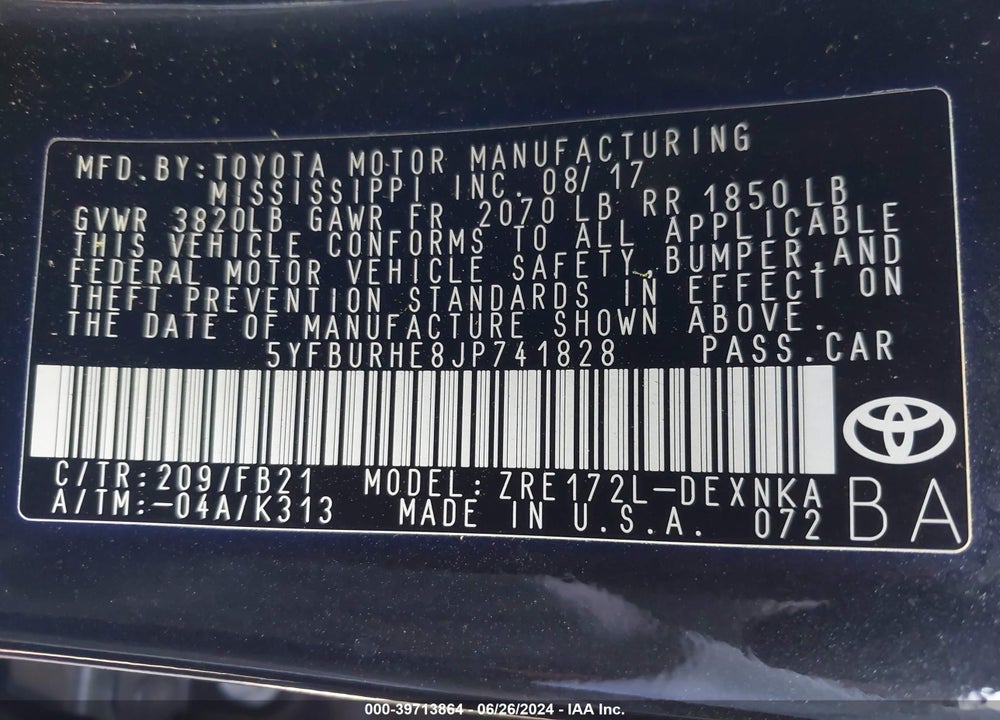 2018 TOYOTA COROLLA LE VIN: 5YFBURHE8JP741828