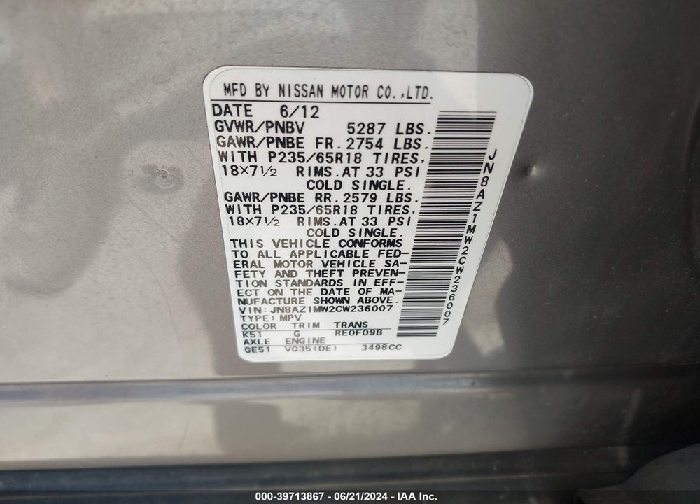 2012 NISSAN MURANO VIN: JN8AZ1MW2CW236007