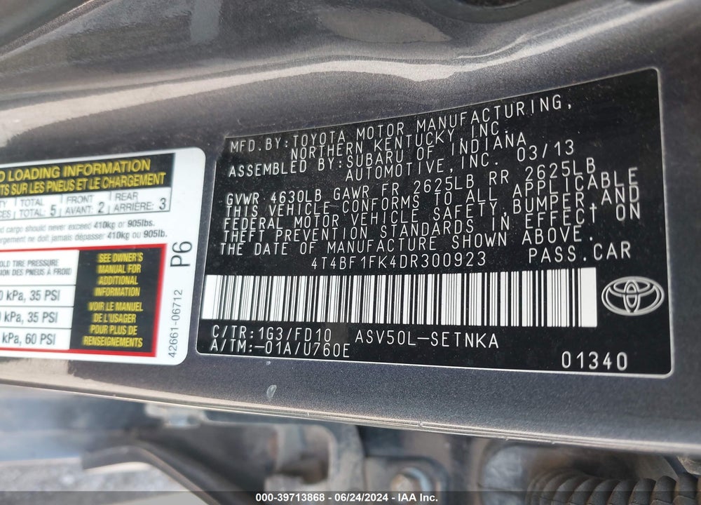 2013 TOYOTA CAMRY LE VIN: 4T4BF1FK4DR300923