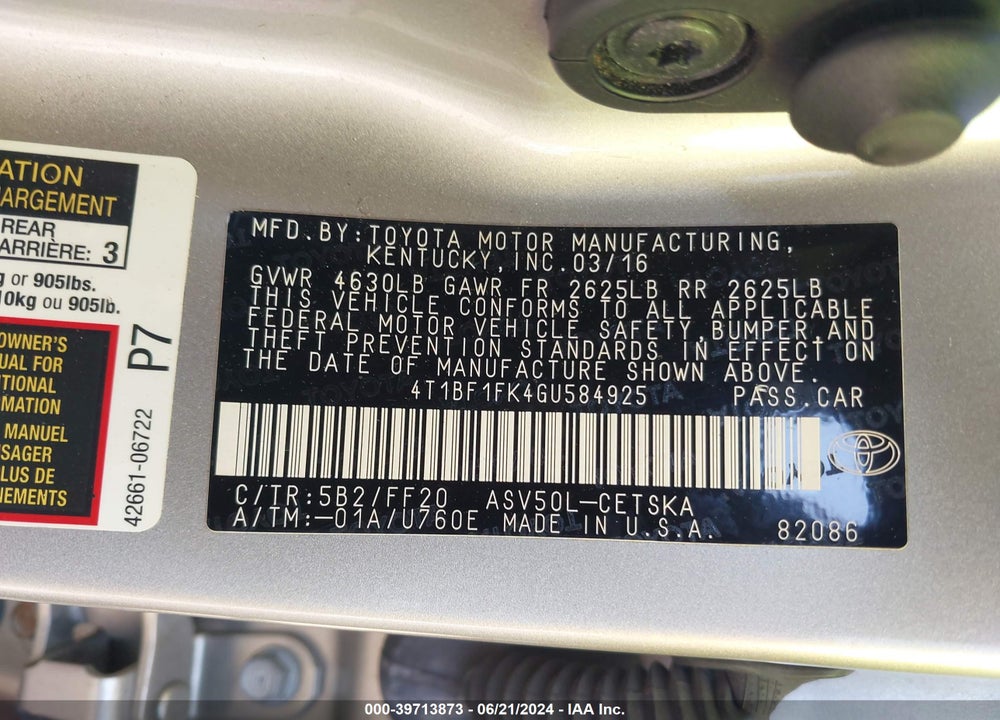 2016 TOYOTA CAMRY SE VIN: 4T1BF1FK4GU584925