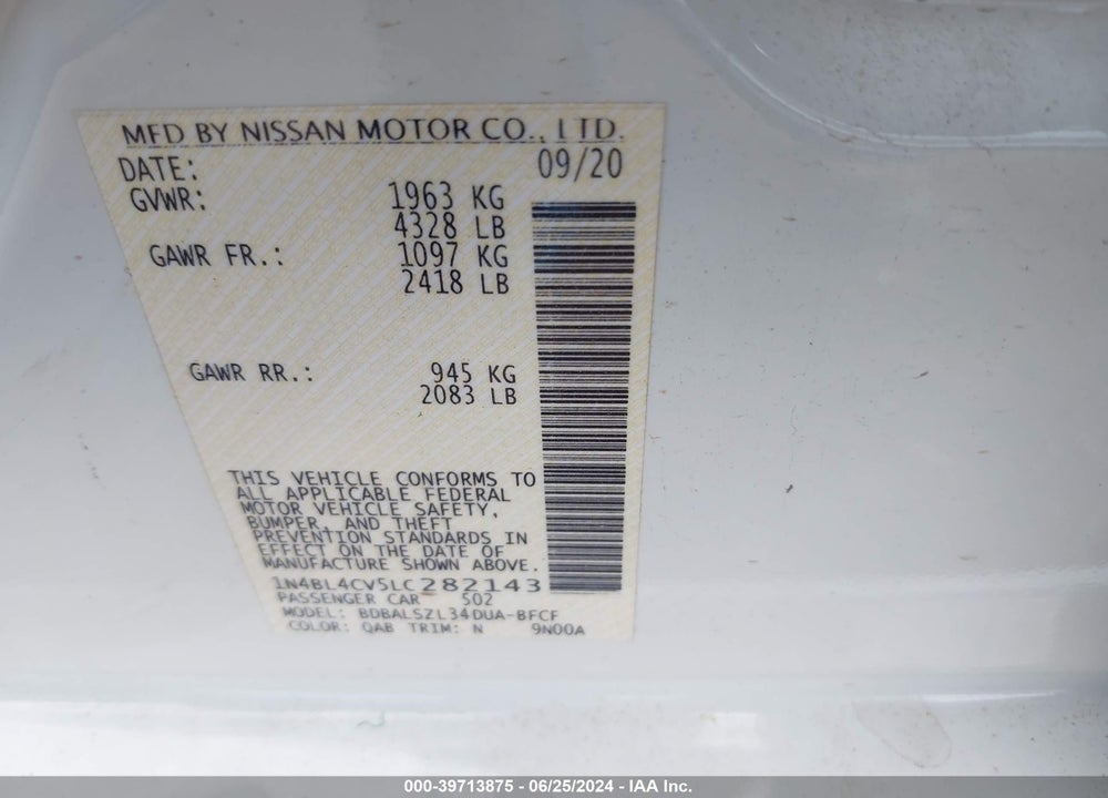 2020 NISSAN ALTIMA SR FWD VIN: 1N4BL4CV5LC282143