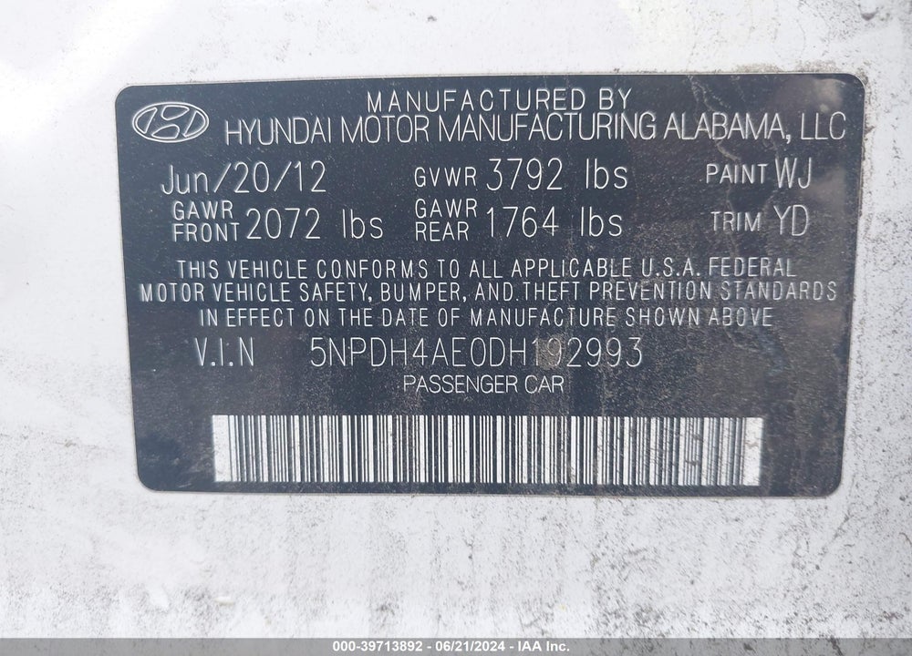 2013 HYUNDAI ELANTRA GLS VIN: 5NPDH4AE0DH192993