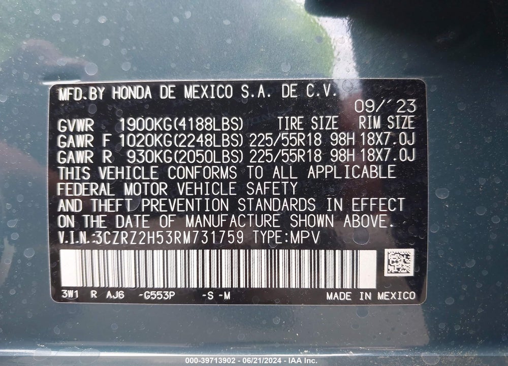 2024 HONDA HR-V AWD SPORT/AWD SPORT W/O BSI VIN: 3CZRZ2H53RM731759