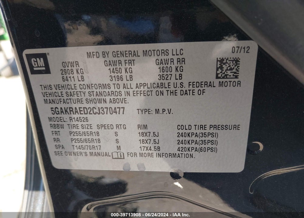2012 BUICK ENCLAVE VIN: 5GAKRAED2CJ370477