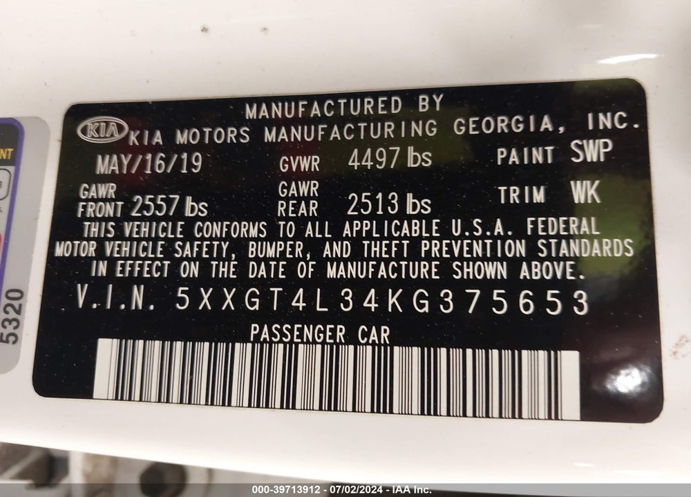 2019 KIA OPTIMA S VIN: 5XXGT4L34KG375653