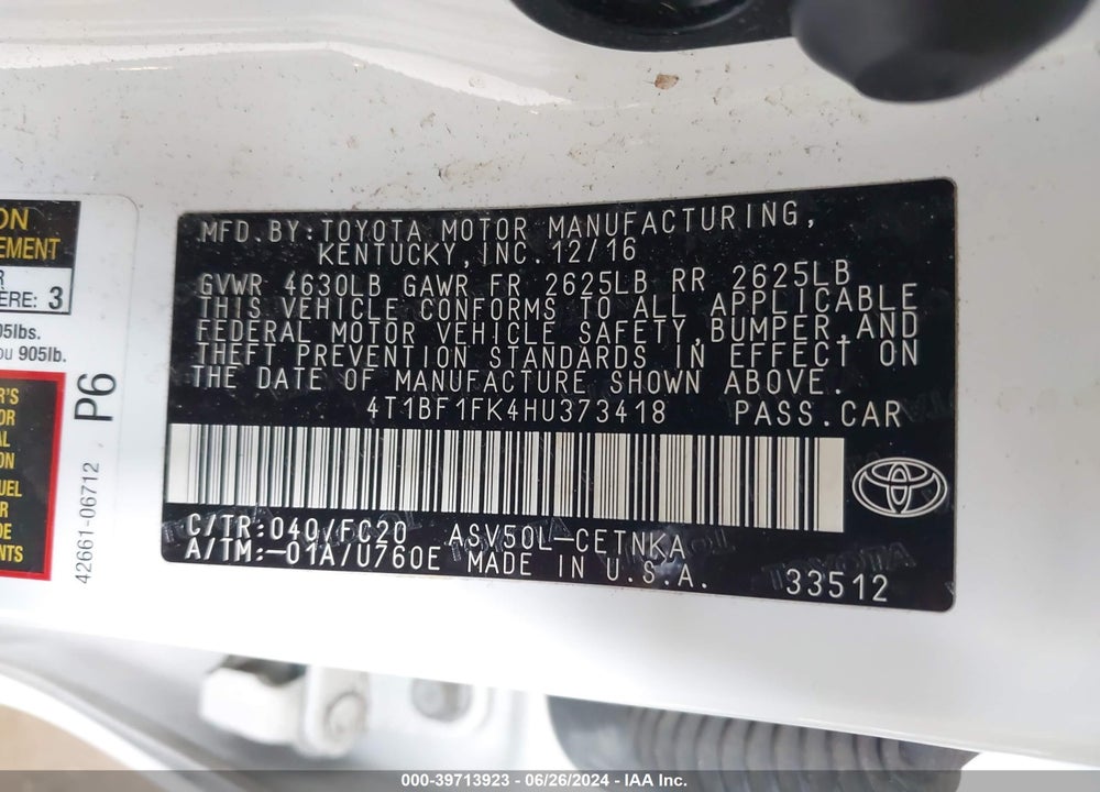 2017 TOYOTA CAMRY LE VIN: 4T1BF1FK4HU373418
