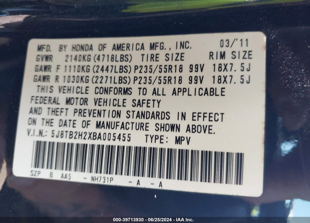 2011 ACURA RDX VIN: 5J8TB2H2XBA005455