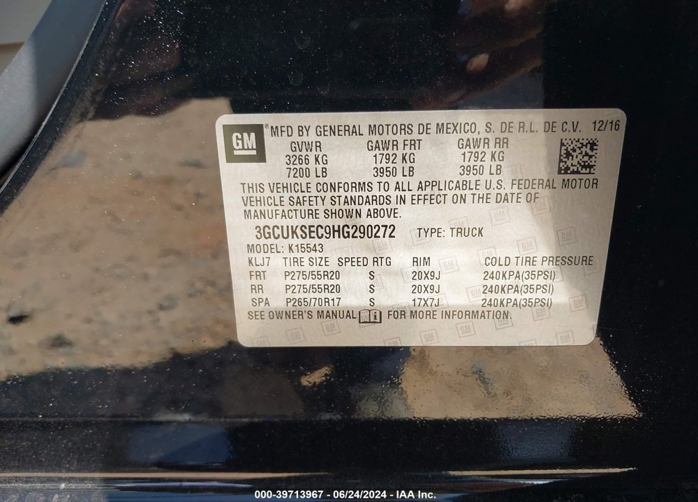 2017 CHEVROLET SILVERADO 1500 2LZ VIN: 3GCUKSEC9HG290272